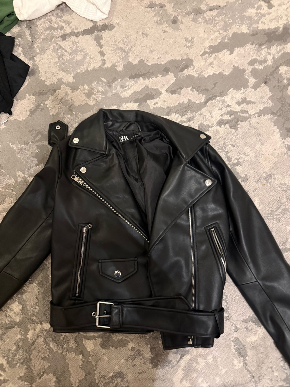 Zara Black Faux Leather Biker Jacket with Belt